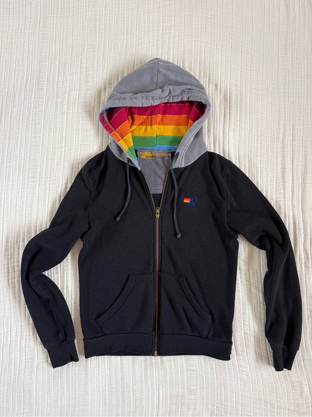 Aviator Nation Black Zip Hoodie Rainbow Lined Hood Women’s size small